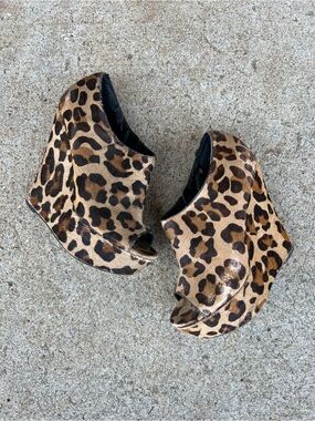Pony Hair Leopard Print Peep-Toe Wedge Heels
